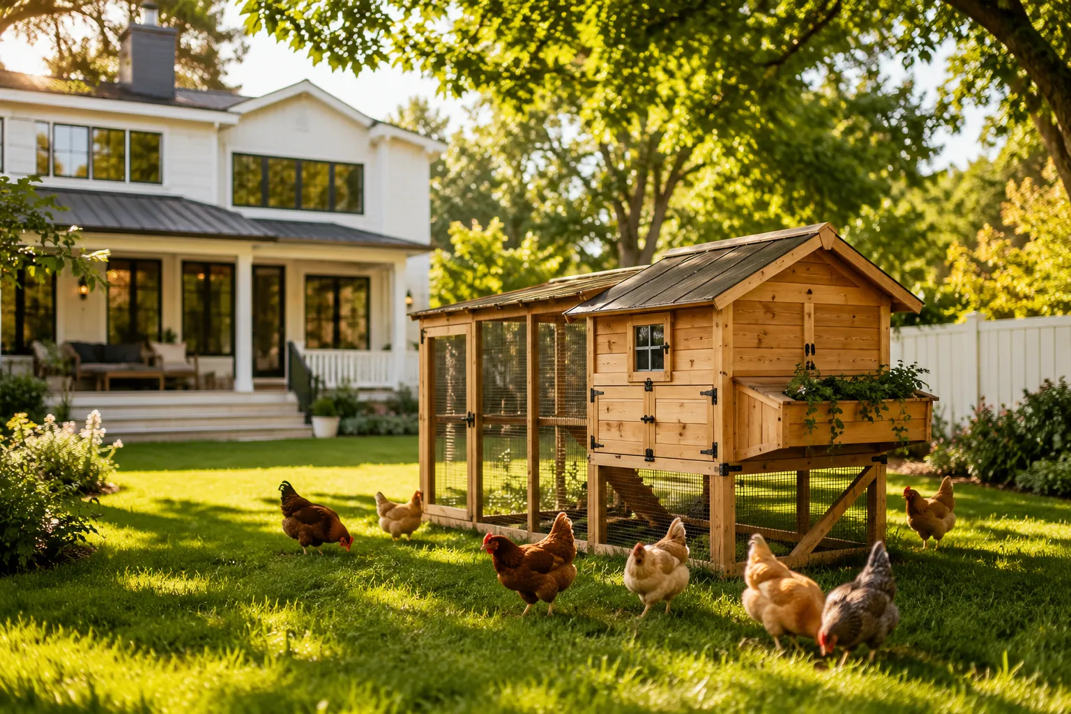 Professional () editorial hero image showing a bright, sunny backyard with a well-placed wooden chicken coop in the