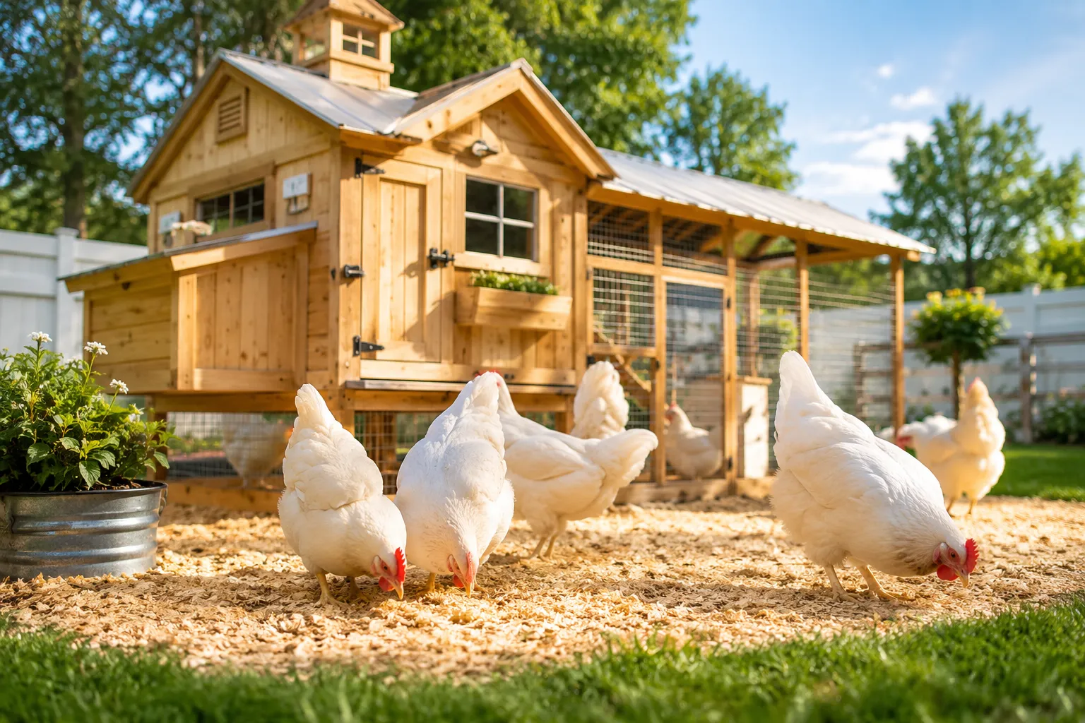 Professional () editorial hero image showing a pristine backyard chicken coop on a sunny morning with clean white hens