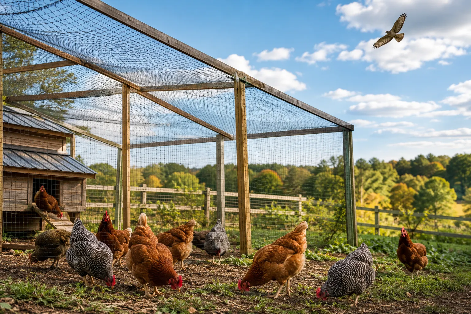 Professional () hero image showing a bright daytime backyard chicken coop scene with healthy chickens foraging safely under
