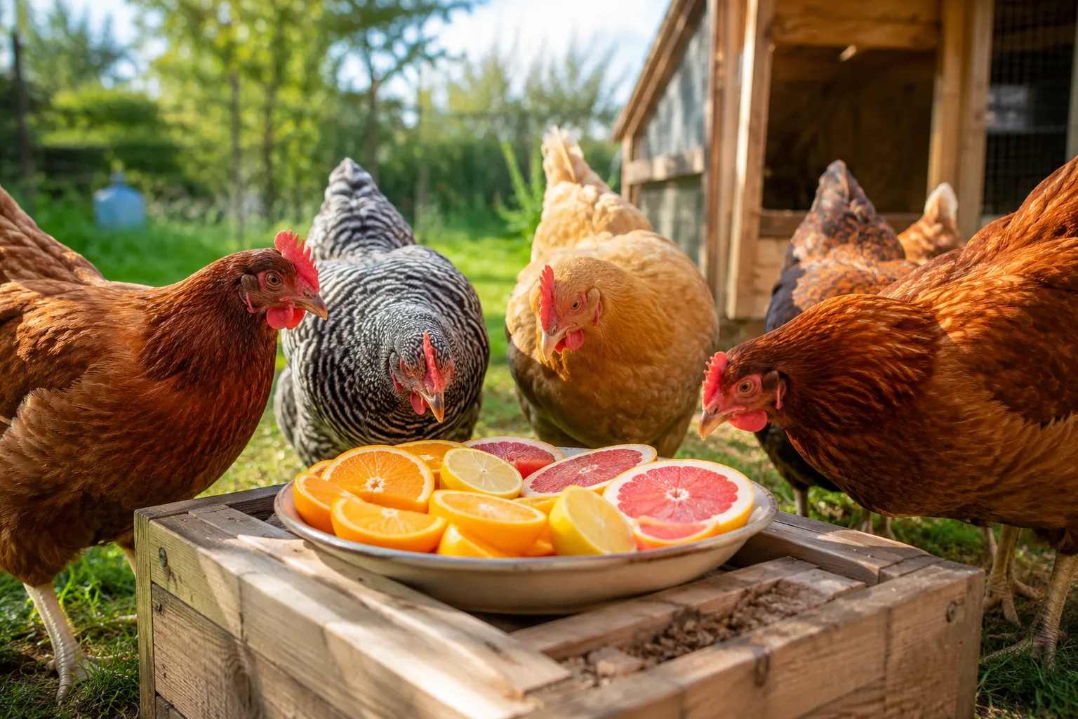 Professional () hero image showing a bright, sunlit backyard chicken coop scene with several healthy hens of different