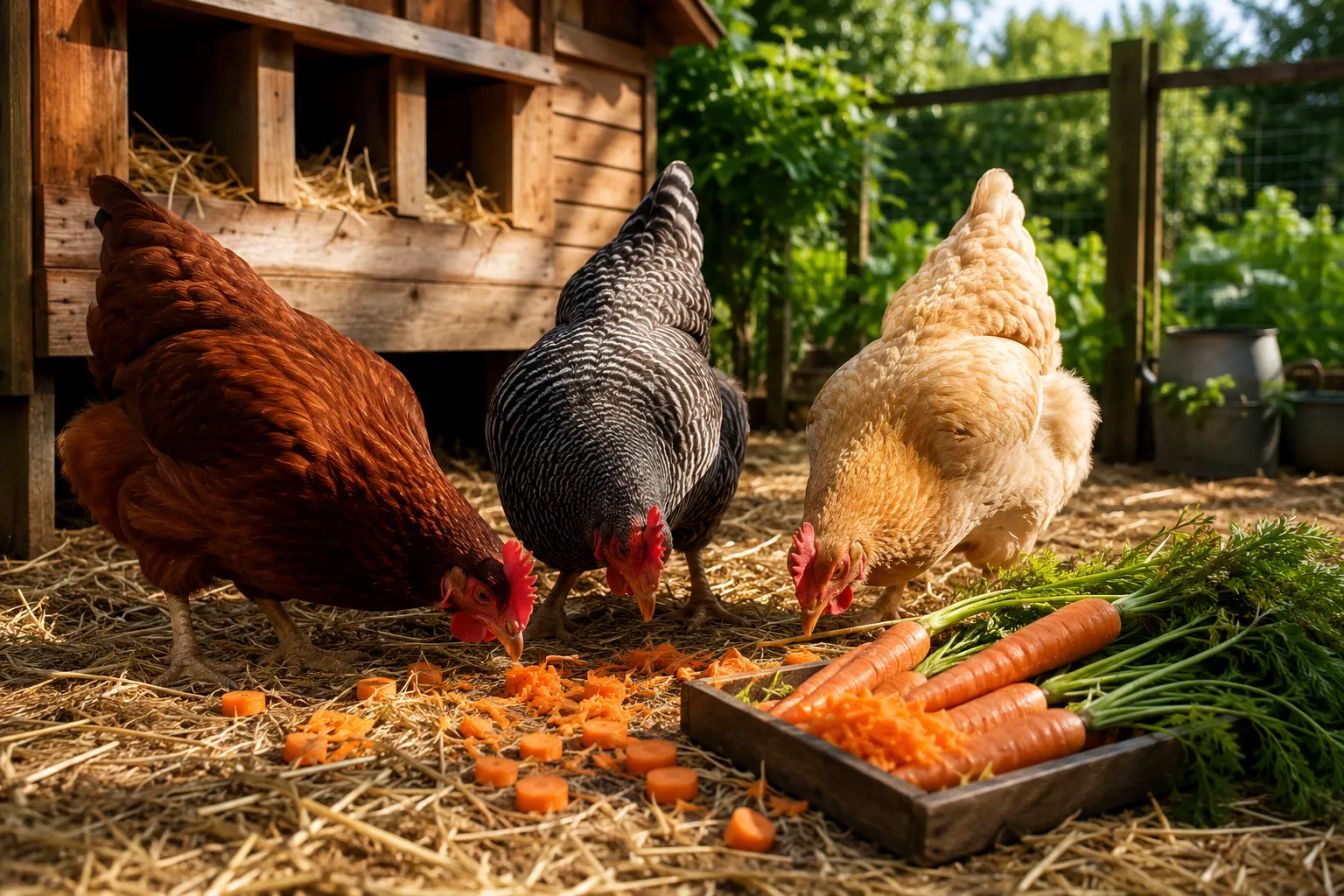 Professional () hero image showing a vibrant backyard chicken coop scene in bright natural daylight. In the foreground,
