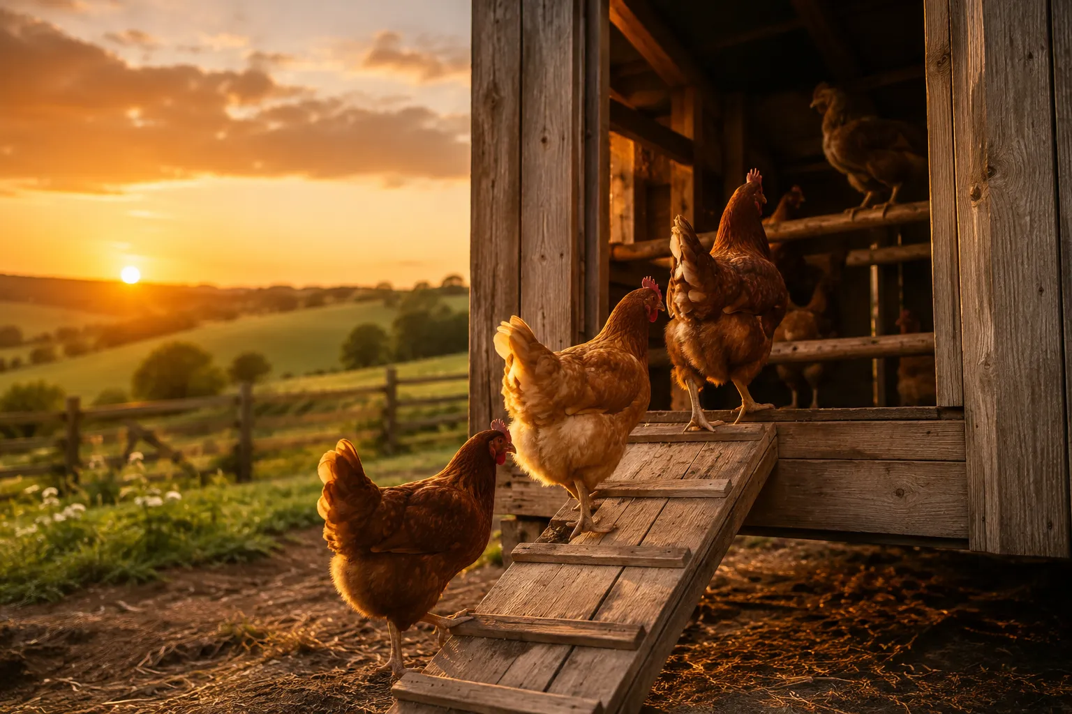 Professional () hero image showing a warm golden-hour scene of a rustic wooden chicken coop with hens naturally walking up a