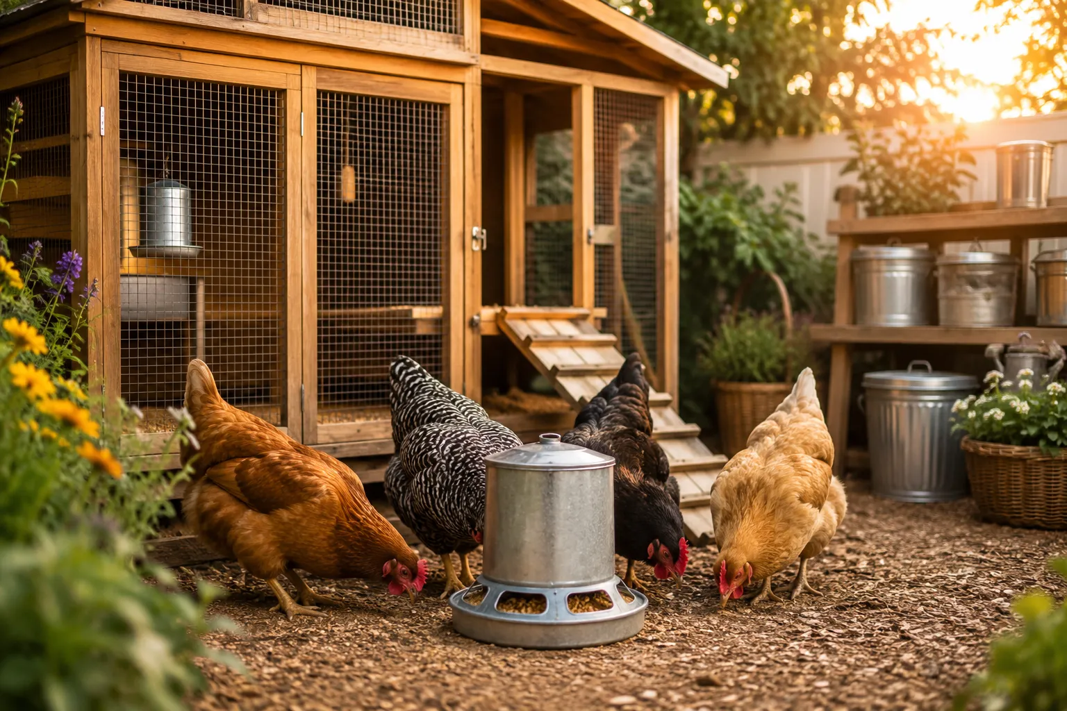 Professional () hero image showing a well-maintained backyard chicken coop at golden hour with warm natural sunlight,